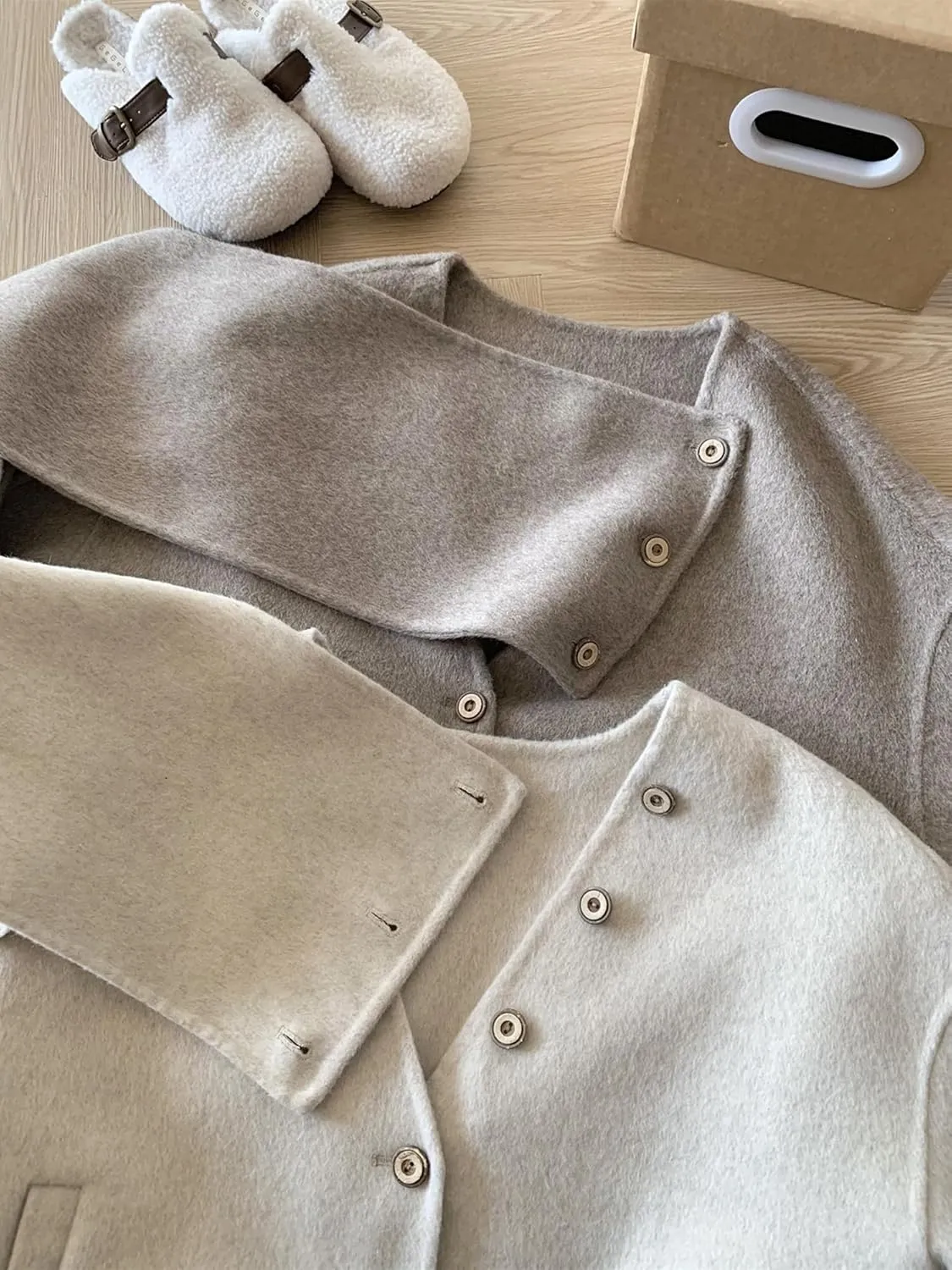 Babalet Wool Blend Double-faced Women Wool Pea Coat Button Scarf Casual Coat Trench Coat Handmade Winter Pockets Jacket