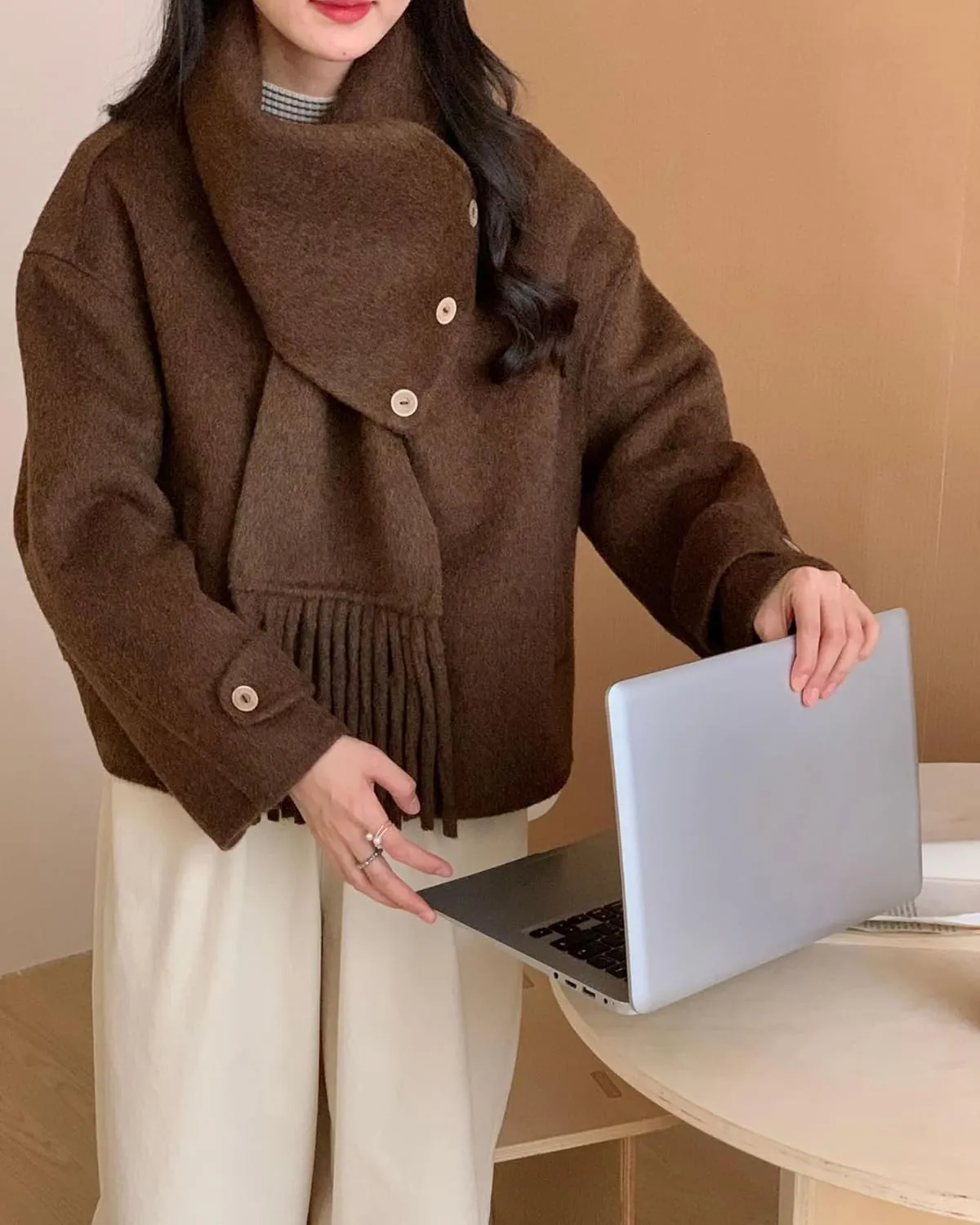 Babalet Wool Blend Double-faced Women Wool Pea Coat Button Scarf Casual Coat Trench Coat Handmade Winter Pockets Jacket