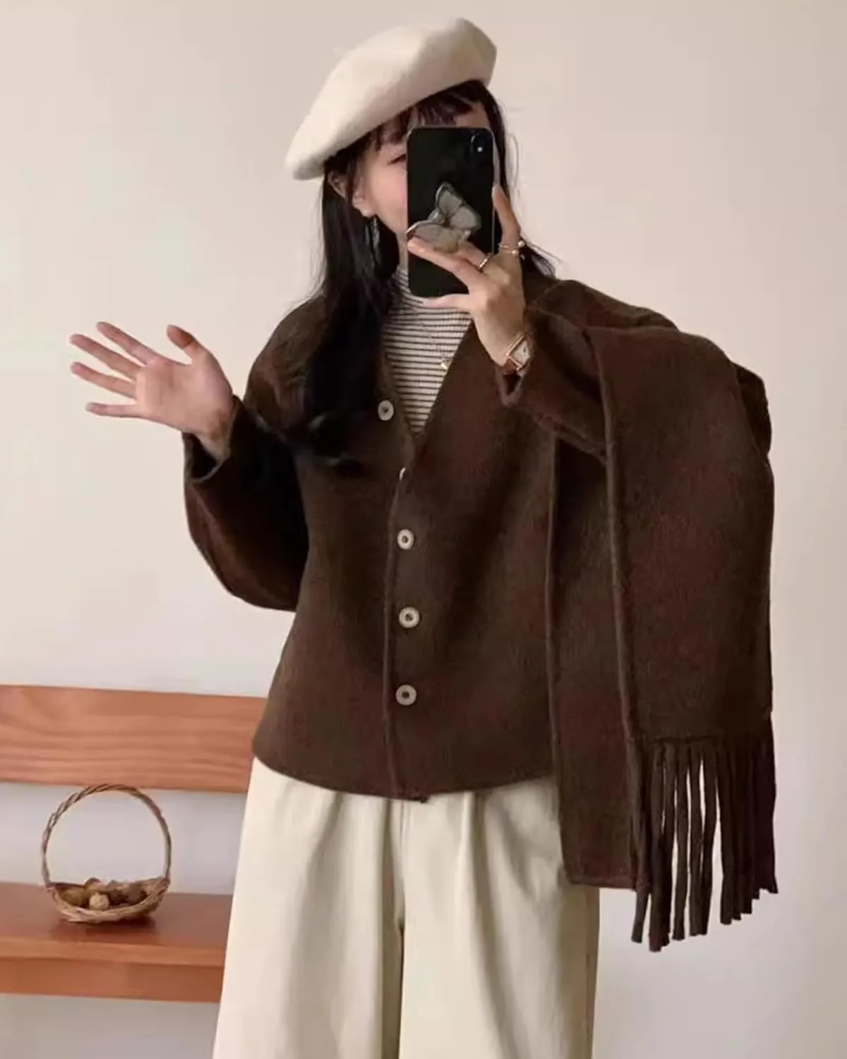 Babalet Wool Blend Double-faced Women Wool Pea Coat Button Scarf Casual Coat Trench Coat Handmade Winter Pockets Jacket