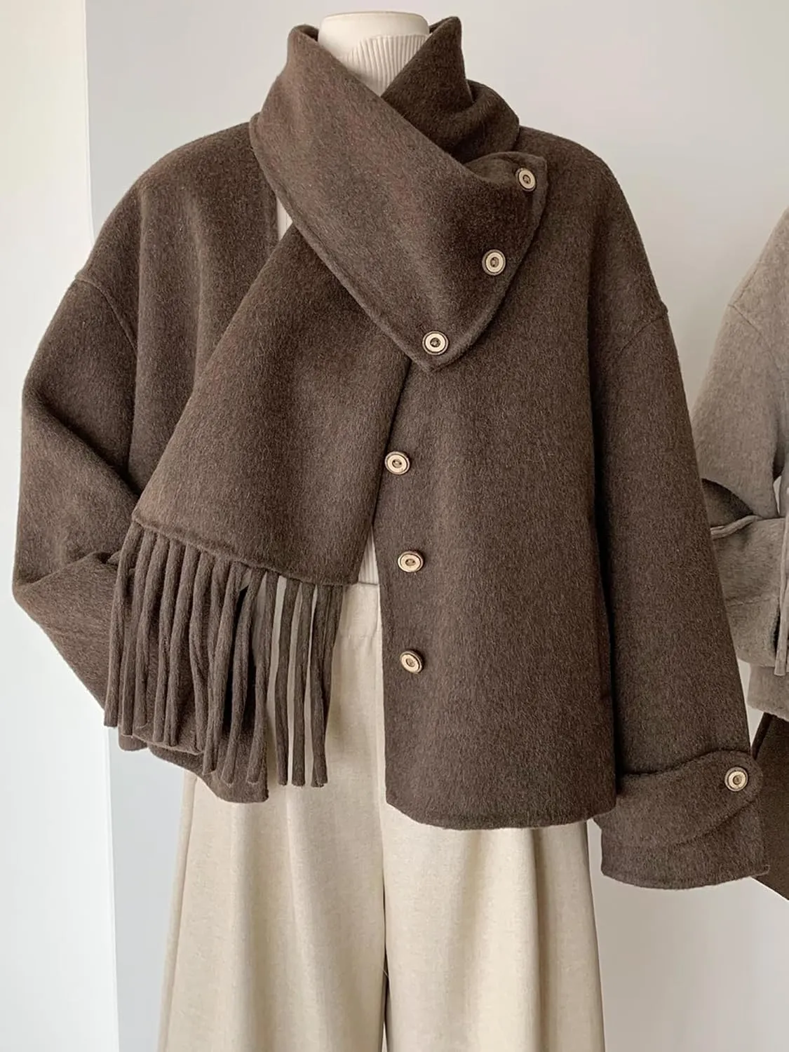 Babalet Wool Blend Double-faced Women Wool Pea Coat Button Scarf Casual Coat Trench Coat Handmade Winter Pockets Jacket