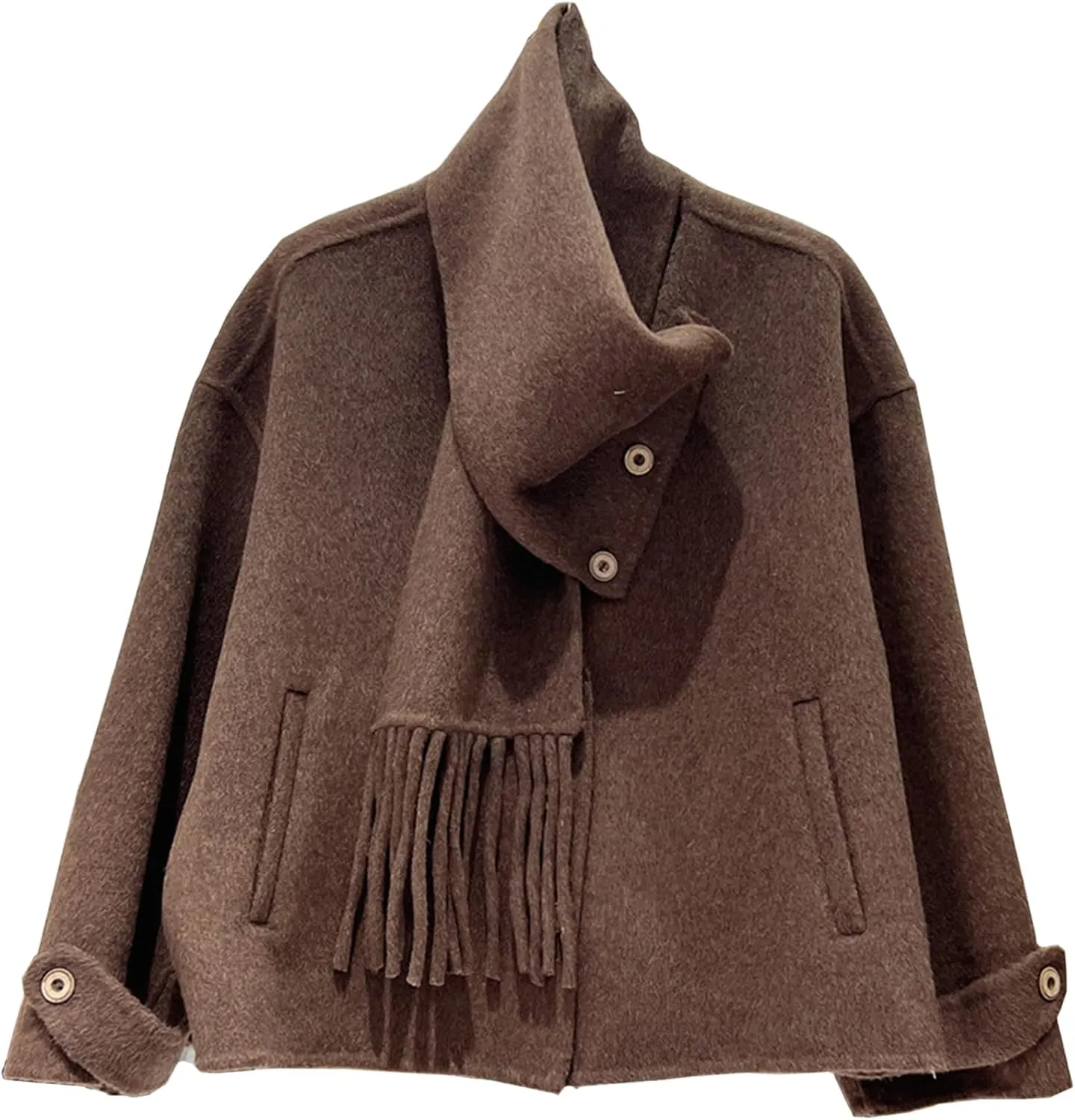 Babalet Wool Blend Double-faced Women Wool Pea Coat Button Scarf Casual Coat Trench Coat Handmade Winter Pockets Jacket