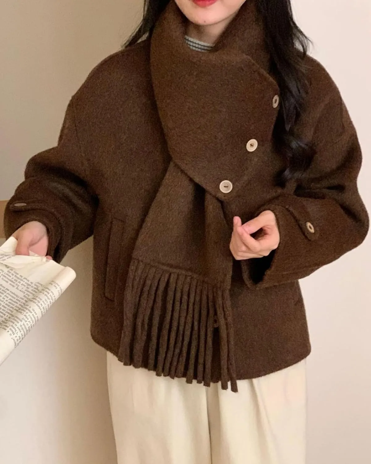 Babalet Wool Blend Double-faced Women Wool Pea Coat Button Scarf Casual Coat Trench Coat Handmade Winter Pockets Jacket