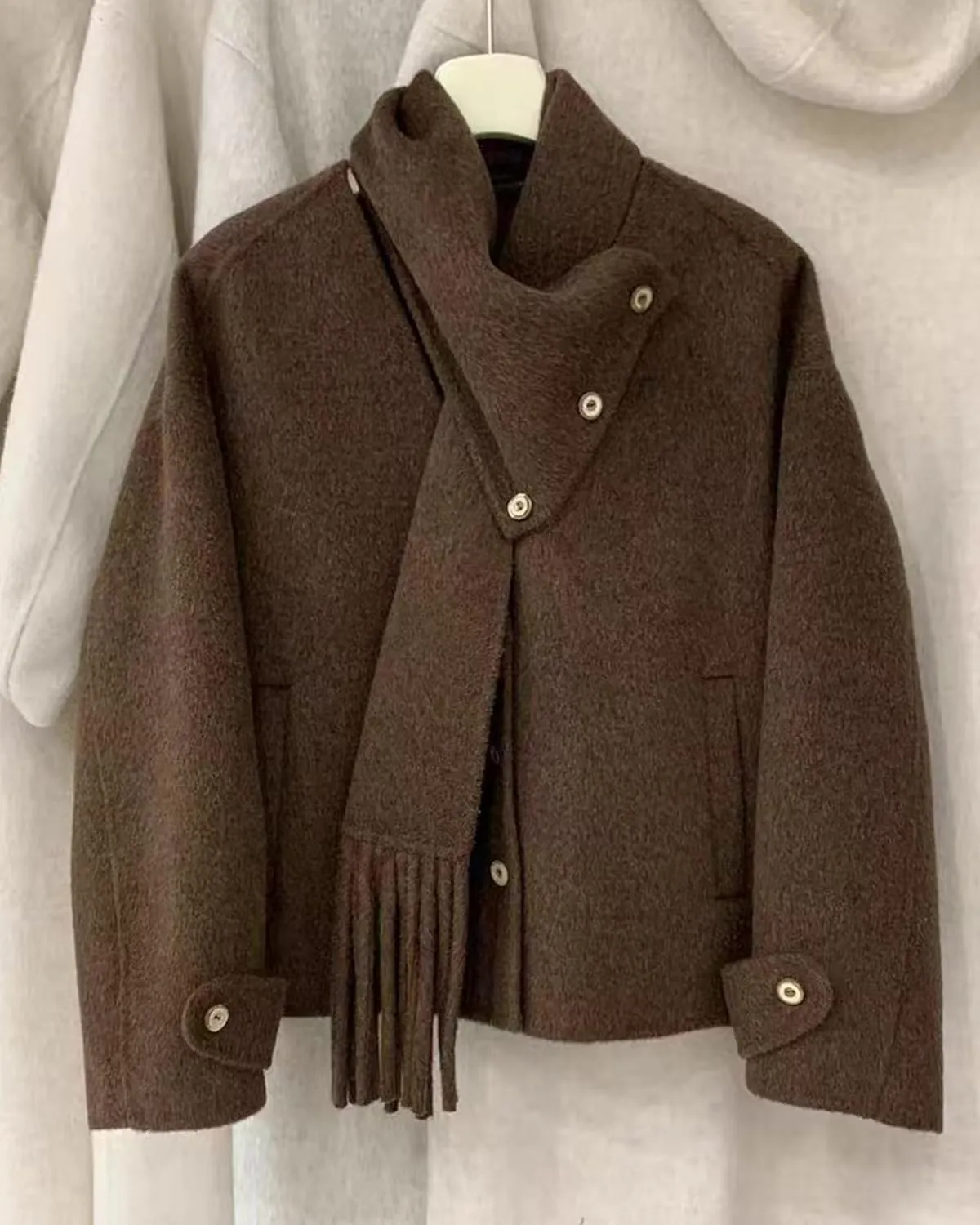 Babalet Wool Blend Double-faced Women Wool Pea Coat Button Scarf Casual Coat Trench Coat Handmade Winter Pockets Jacket