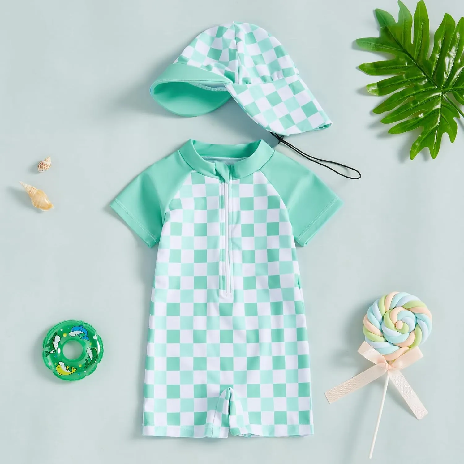 Baby Boy Girl Swimsuit Toddler Checkered Print Half Zip One Piece Bathing Suit Swimsuit Rash Guard Surfing Suit Hat
