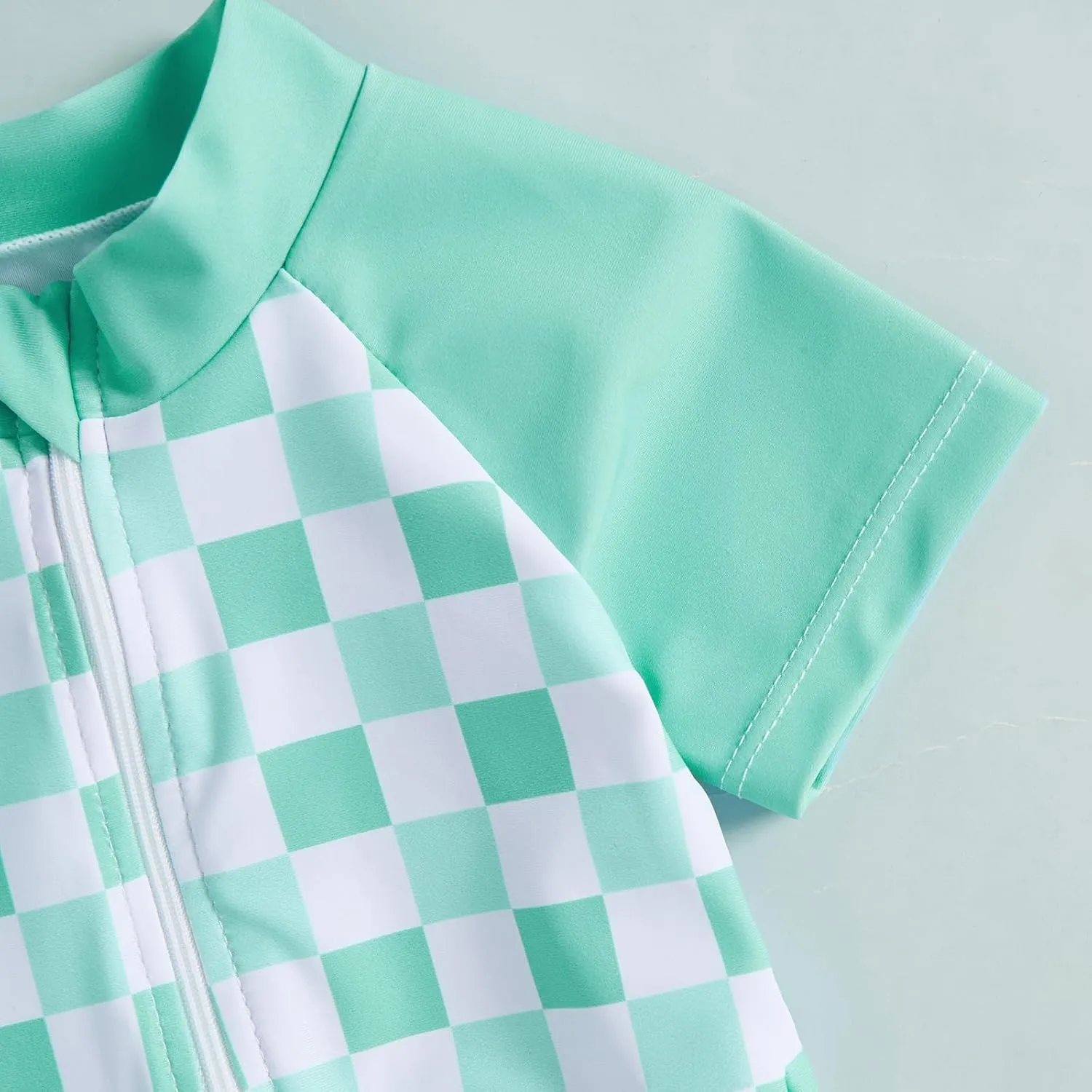 Baby Boy Girl Swimsuit Toddler Checkered Print Half Zip One Piece Bathing Suit Swimsuit Rash Guard Surfing Suit Hat