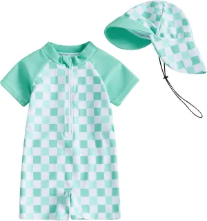 Baby Boy Girl Swimsuit Toddler Checkered Print Half Zip One Piece Bathing Suit Swimsuit Rash Guard Surfing Suit Hat