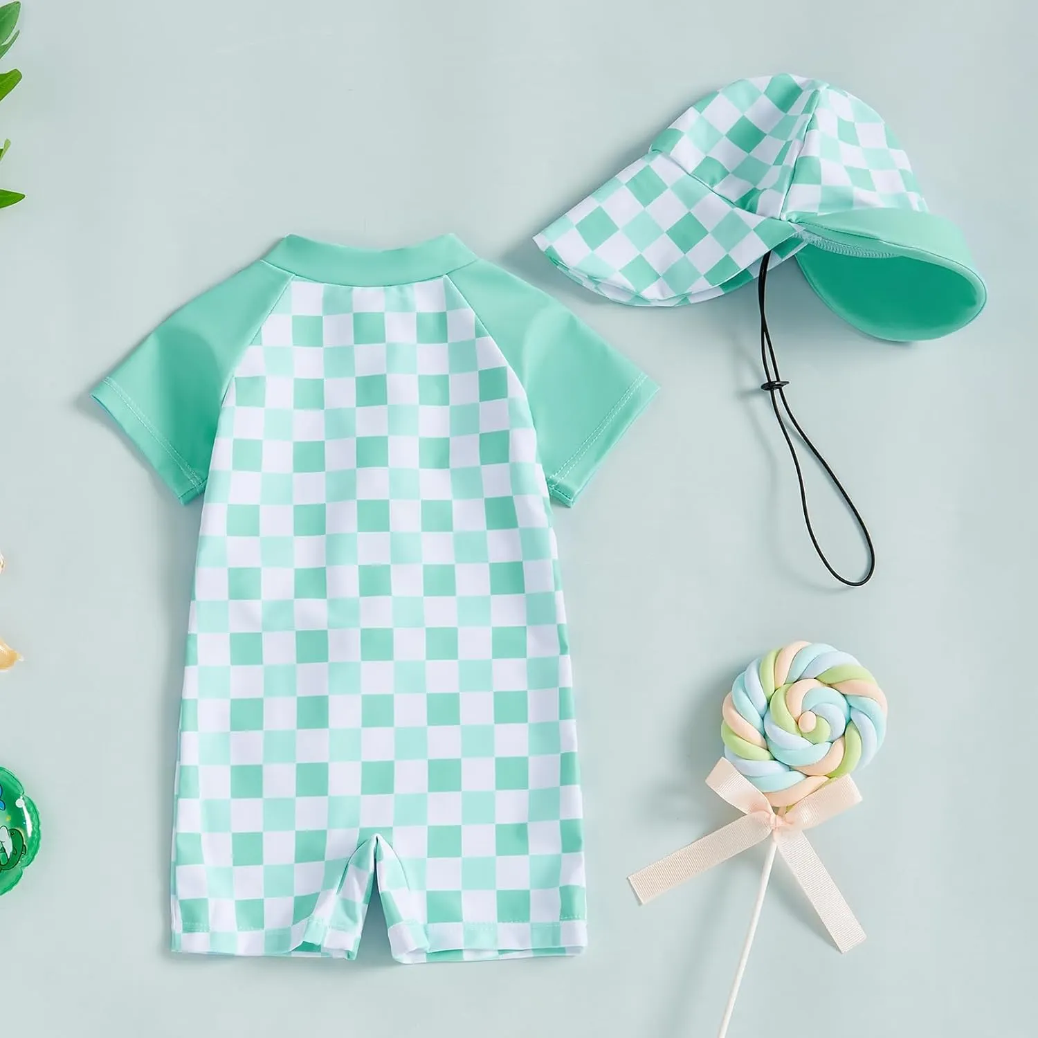 Baby Boy Girl Swimsuit Toddler Checkered Print Half Zip One Piece Bathing Suit Swimsuit Rash Guard Surfing Suit Hat