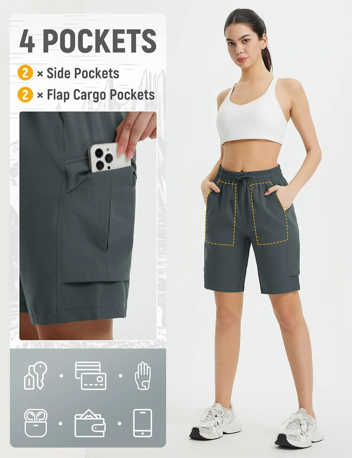 baleaf Women's 9" Cargo Shorts Hiking Water Resistant Pockets Bermuda Lightweight UPF50  Camping Travel Outdoor