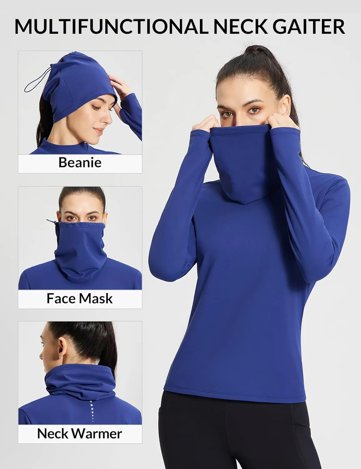 baleaf Women's Thermal Long Sleeve Shirts Fleece Turtleneck Top Warm Undershirts with Detachable Neck Gaiter Thumbholes