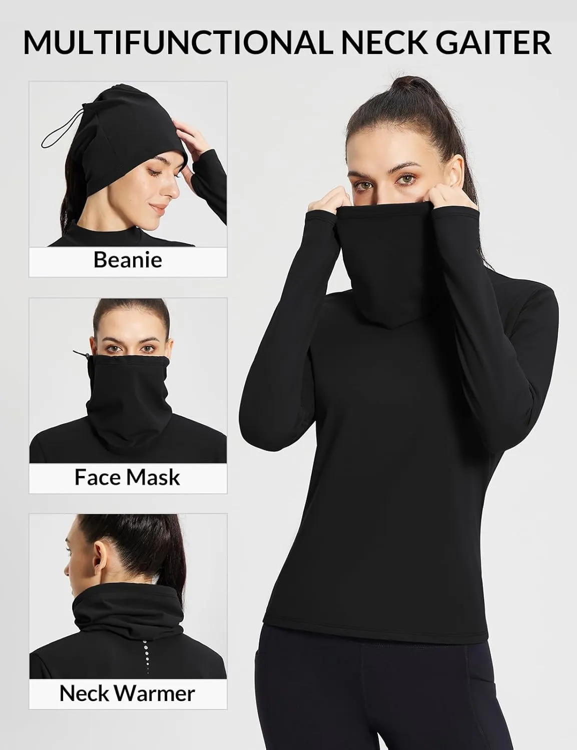 baleaf Women's Thermal Long Sleeve Shirts Fleece Turtleneck Top Warm Undershirts with Detachable Neck Gaiter Thumbholes