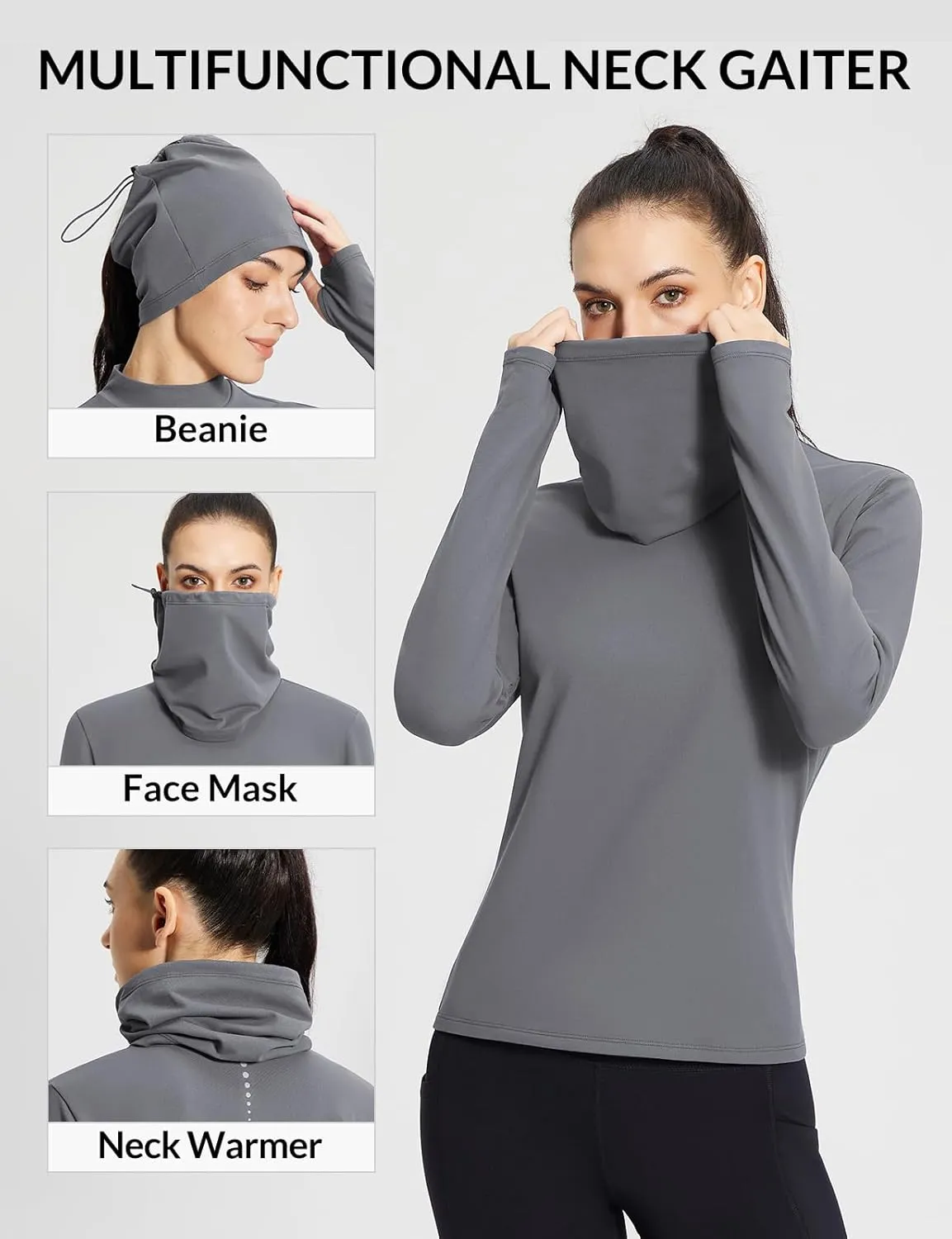 baleaf Women's Thermal Long Sleeve Shirts Fleece Turtleneck Top Warm Undershirts with Detachable Neck Gaiter Thumbholes