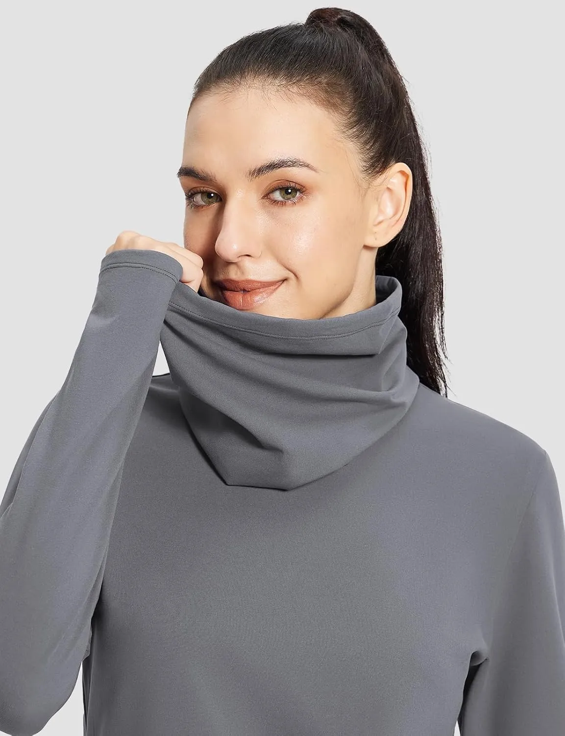 baleaf Women's Thermal Long Sleeve Shirts Fleece Turtleneck Top Warm Undershirts with Detachable Neck Gaiter Thumbholes