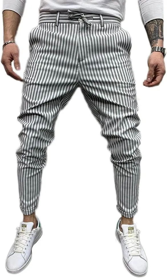 Banana Bucket Mens Striped Casual Chinos Slim Fit Skinny Tapered Zipper Pants with Pocket and Drawstring