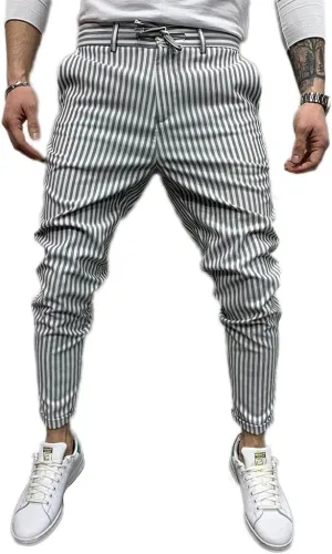 Banana Bucket Mens Striped Casual Chinos Slim Fit Skinny Tapered Zipper Pants with Pocket and Drawstring