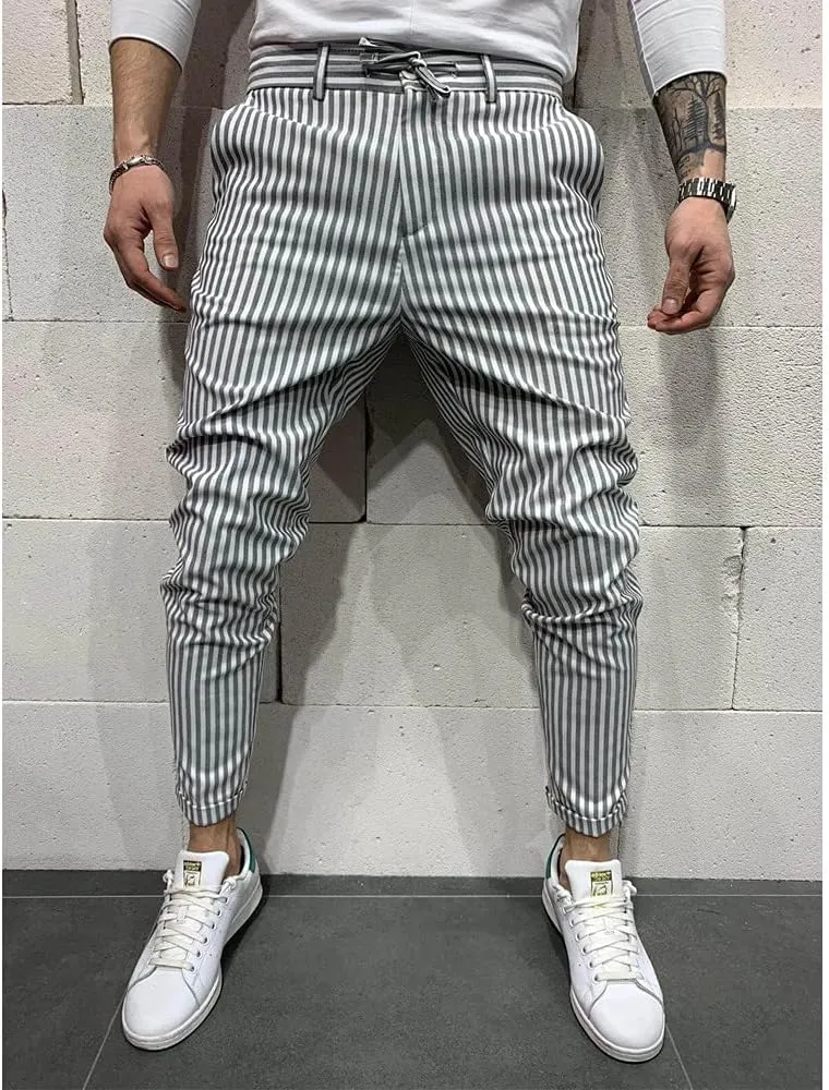 Banana Bucket Mens Striped Casual Chinos Slim Fit Skinny Tapered Zipper Pants with Pocket and Drawstring