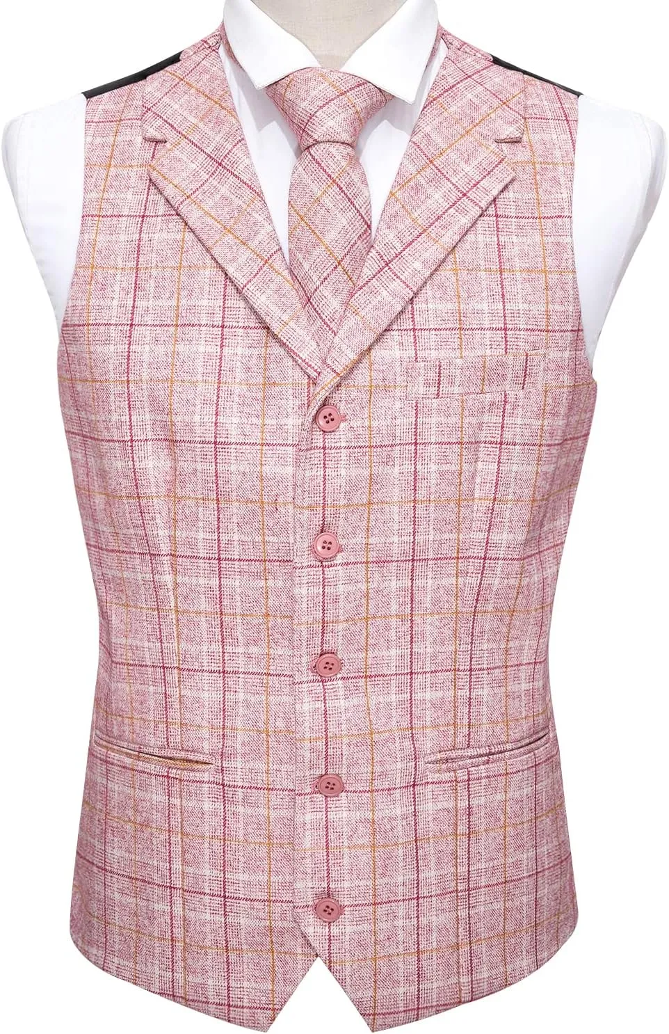 Barry.Wang Mens Plaid Suit Waistcoat Wool Blend Tailored Collar 3 Pocket Check Vest Formal/Leisure
