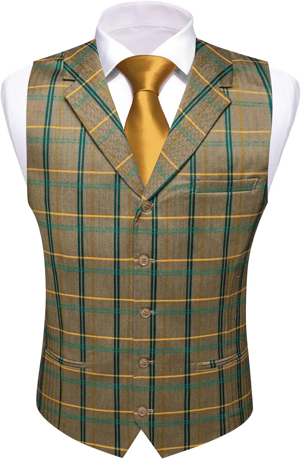 Barry.Wang Mens Plaid Suit Waistcoat Wool Blend Tailored Collar 3 Pocket Check Vest Formal/Leisure