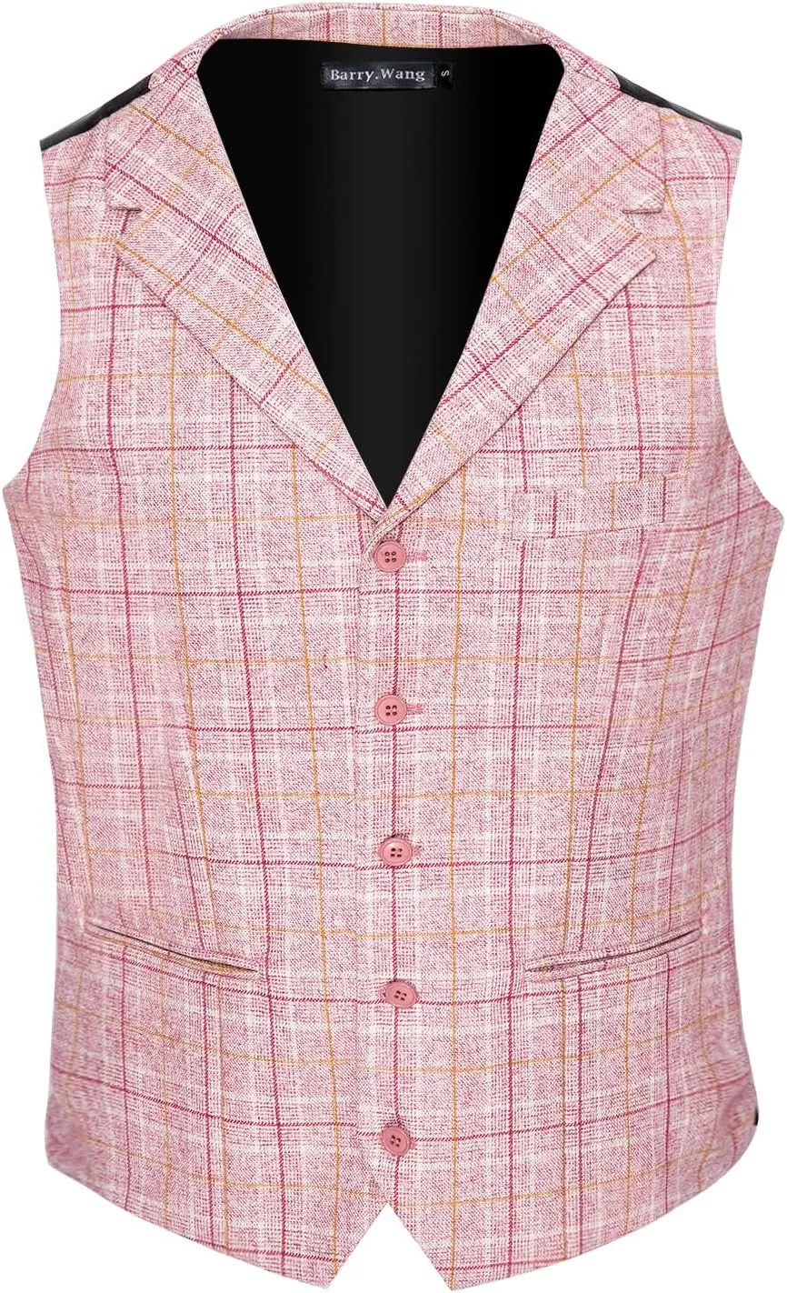 Barry.Wang Mens Plaid Suit Waistcoat Wool Blend Tailored Collar 3 Pocket Check Vest Formal/Leisure