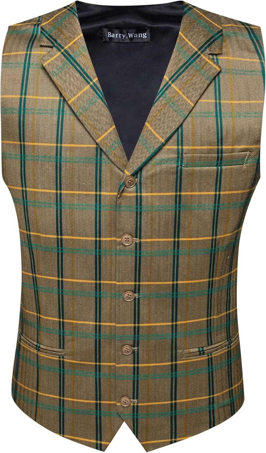 Barry.Wang Mens Plaid Suit Waistcoat Wool Blend Tailored Collar 3 Pocket Check Vest Formal/Leisure