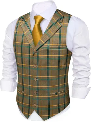 Barry.Wang Mens Plaid Suit Waistcoat Wool Blend Tailored Collar 3 Pocket Check Vest Formal/Leisure