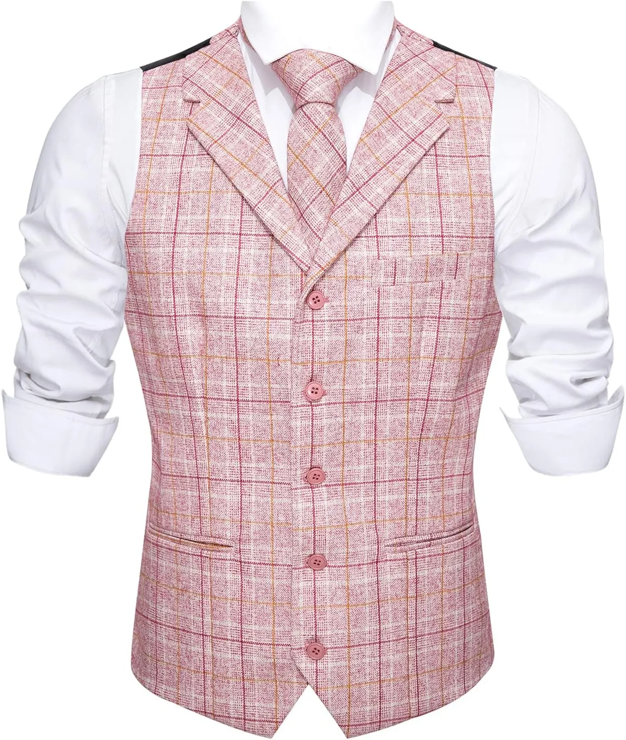 Barry.Wang Mens Plaid Suit Waistcoat Wool Blend Tailored Collar 3 Pocket Check Vest Formal/Leisure