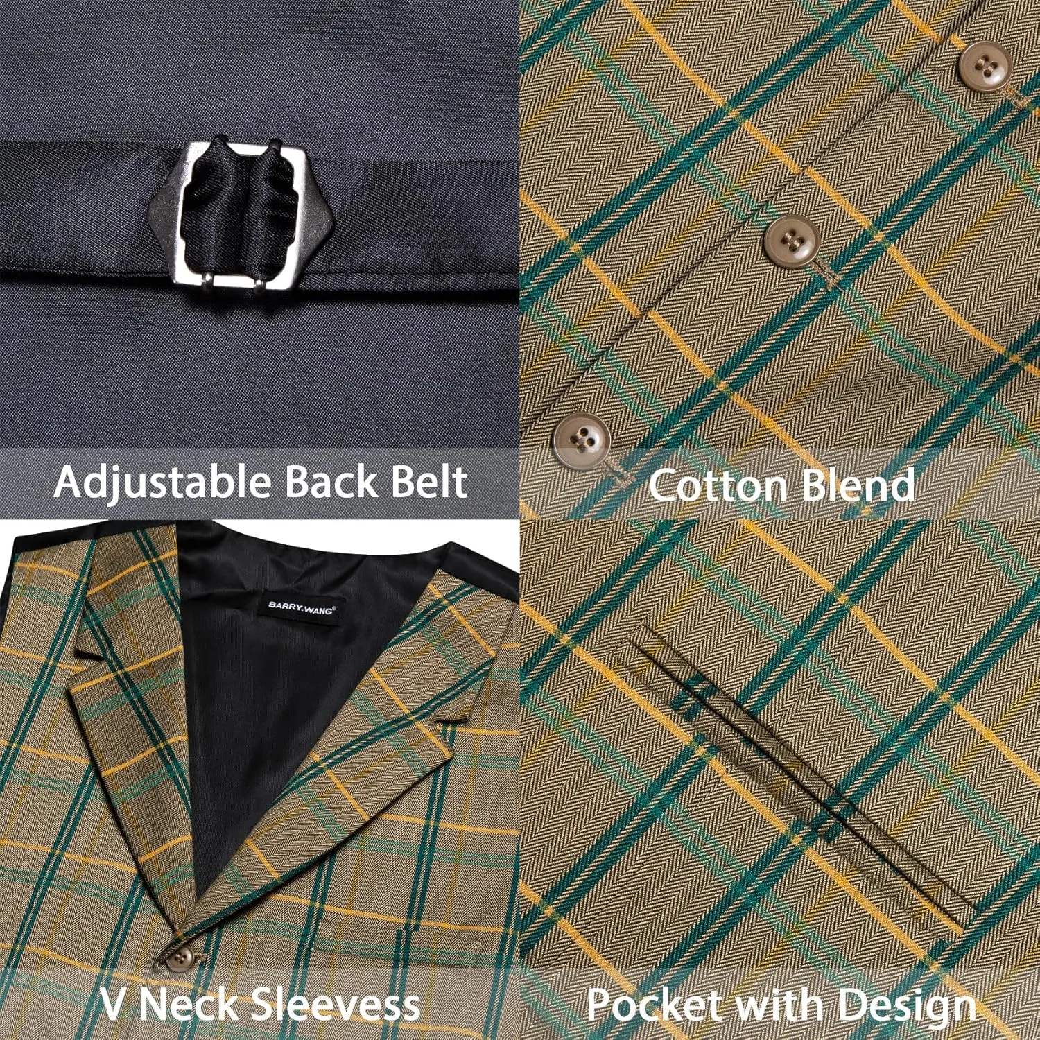 Barry.Wang Mens Plaid Suit Waistcoat Wool Blend Tailored Collar 3 Pocket Check Vest Formal/Leisure
