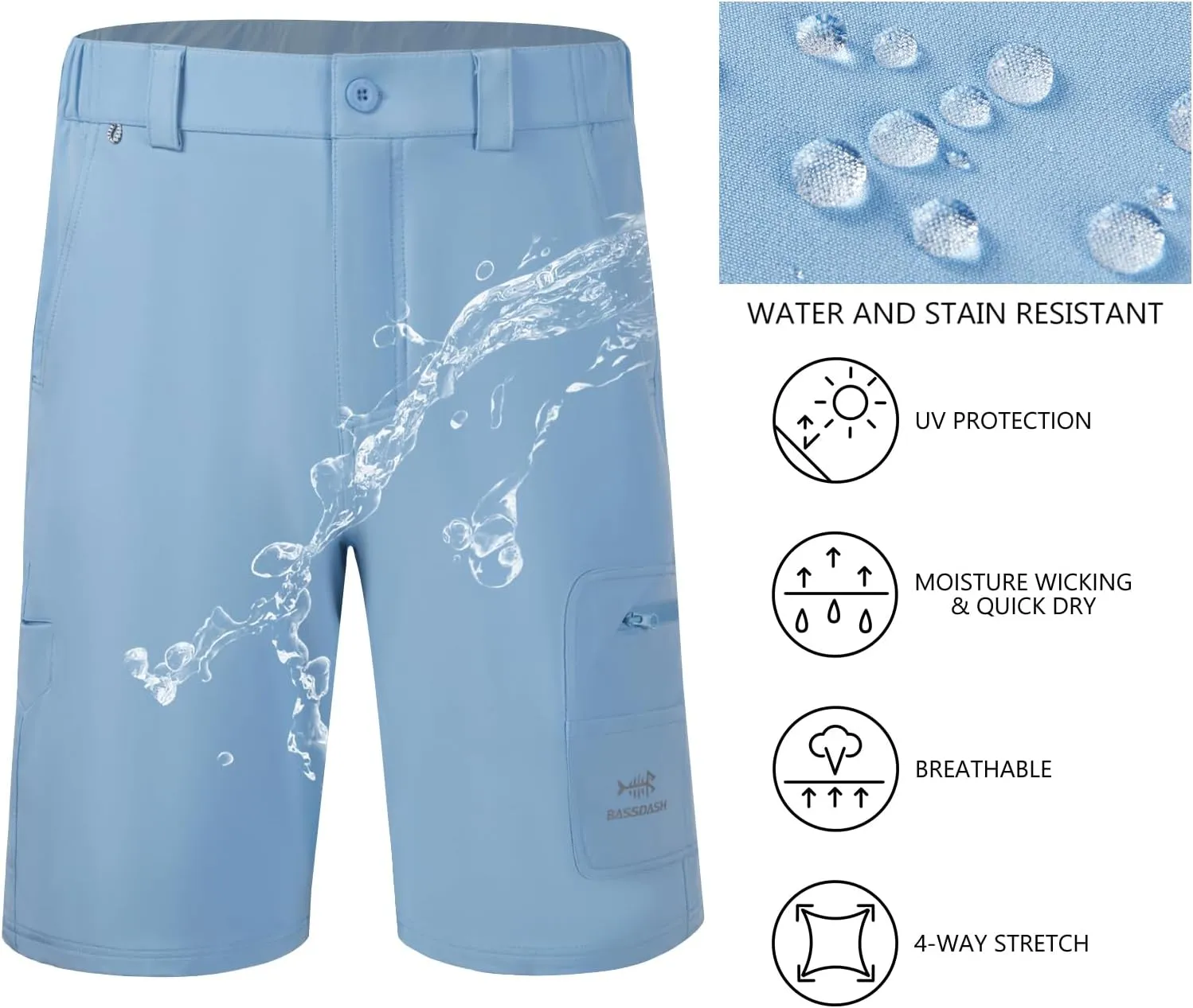 BASSDASH 10.5 Mens Fishing Cargo Shorts Quick Dry UPF 50  Water Resistant FP01M