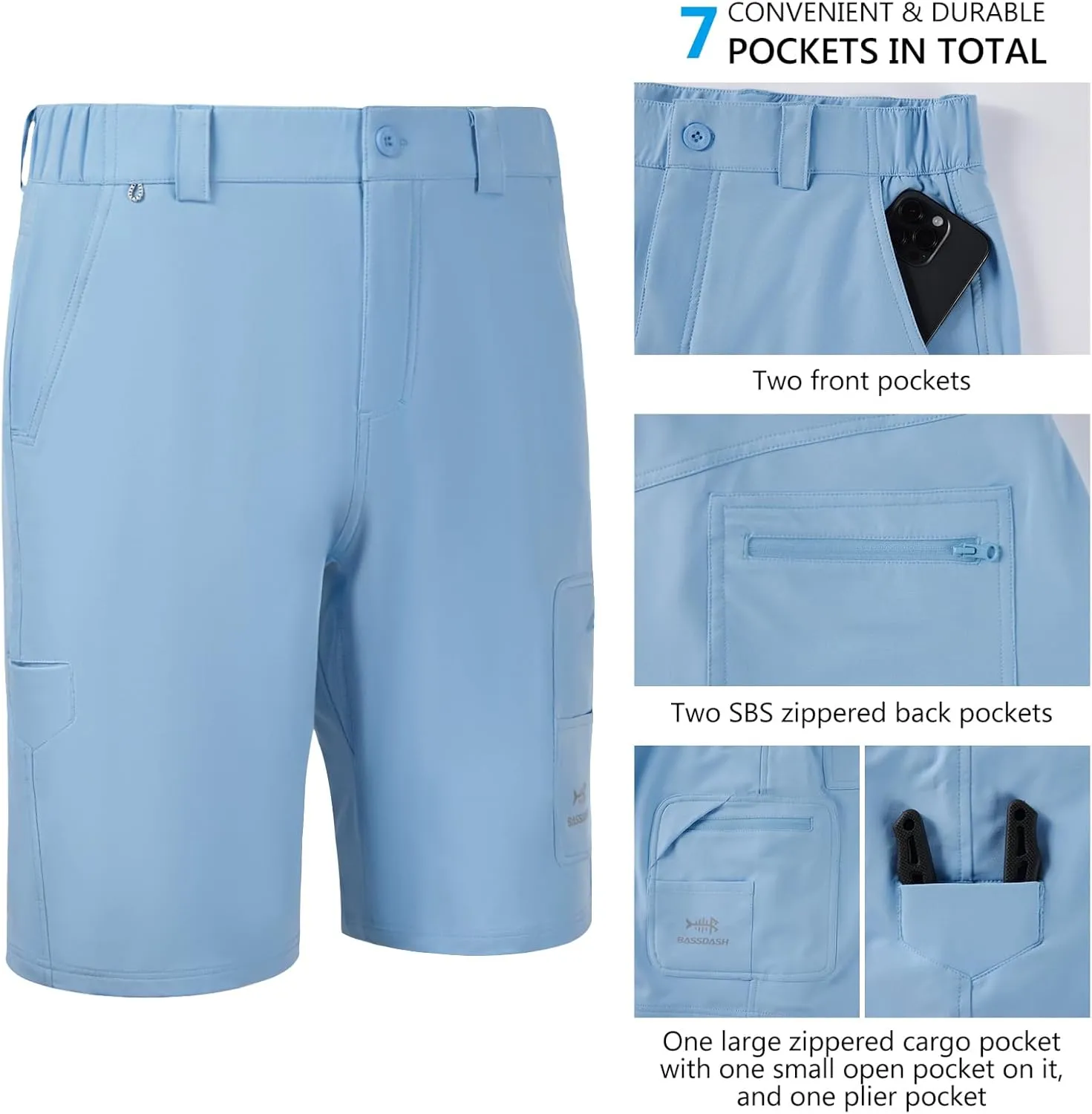 BASSDASH 10.5 Mens Fishing Cargo Shorts Quick Dry UPF 50  Water Resistant FP01M