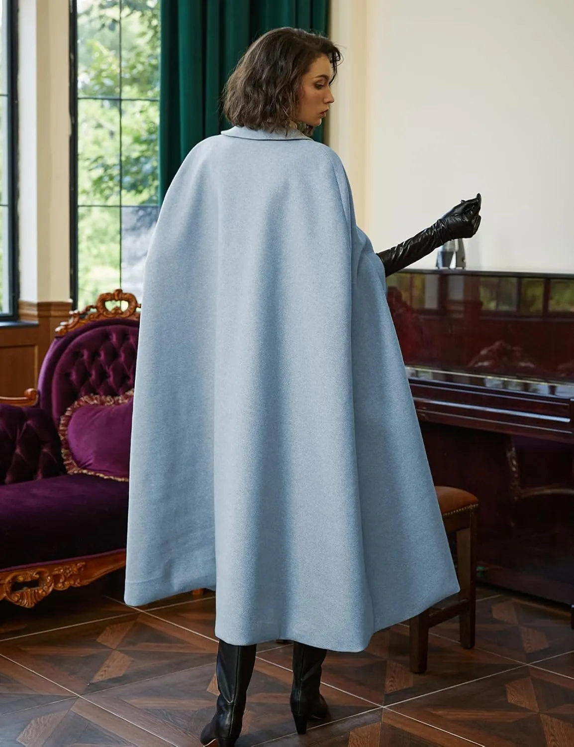 BEAUTELICATE Wool Blend Cloak Slit Sleeve 2 Pockets Turn-Down Collar Fleece Cloak Winter Cape