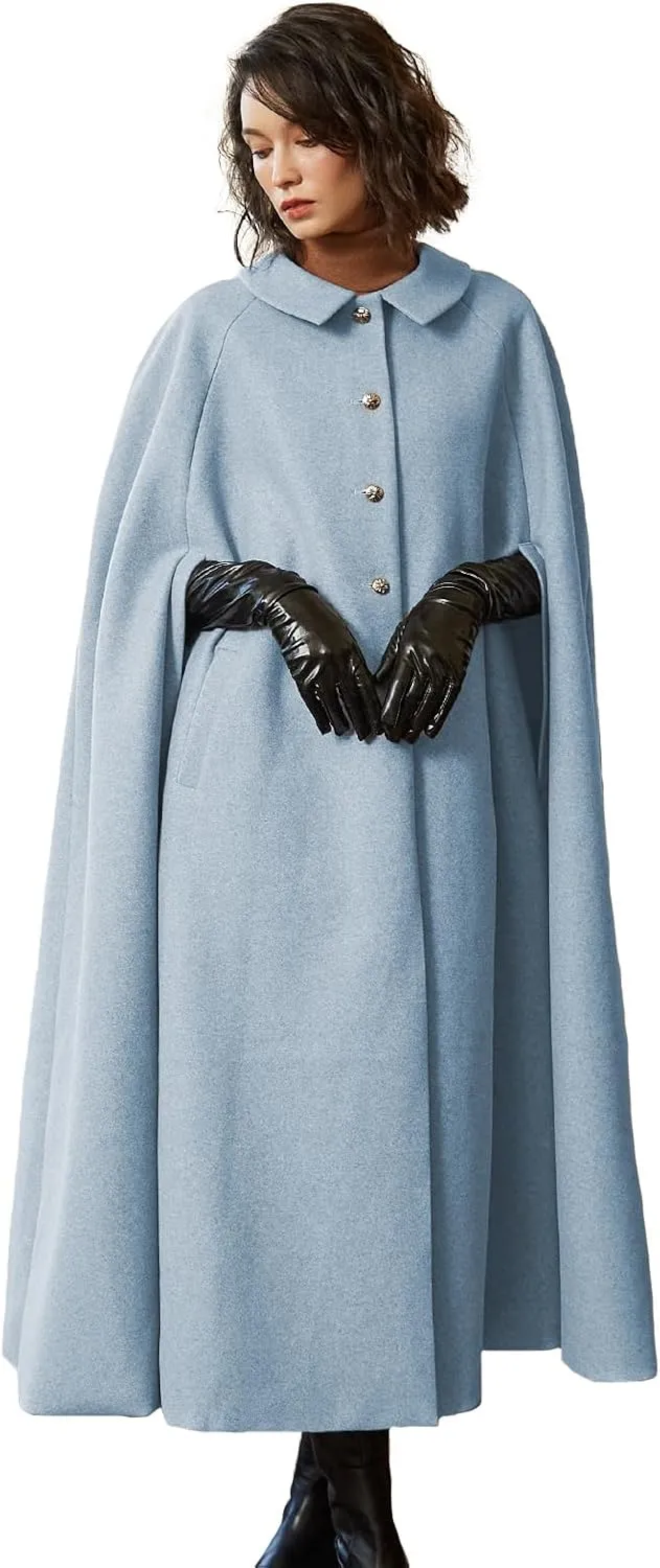 BEAUTELICATE Wool Blend Cloak Slit Sleeve 2 Pockets Turn-Down Collar Fleece Cloak Winter Cape
