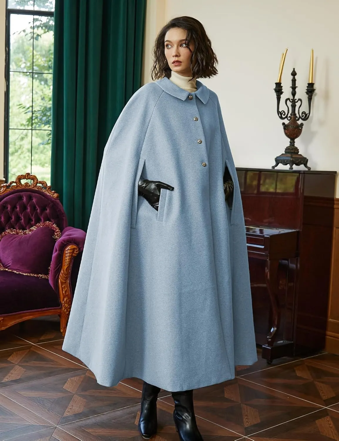 BEAUTELICATE Wool Blend Cloak Slit Sleeve 2 Pockets Turn-Down Collar Fleece Cloak Winter Cape