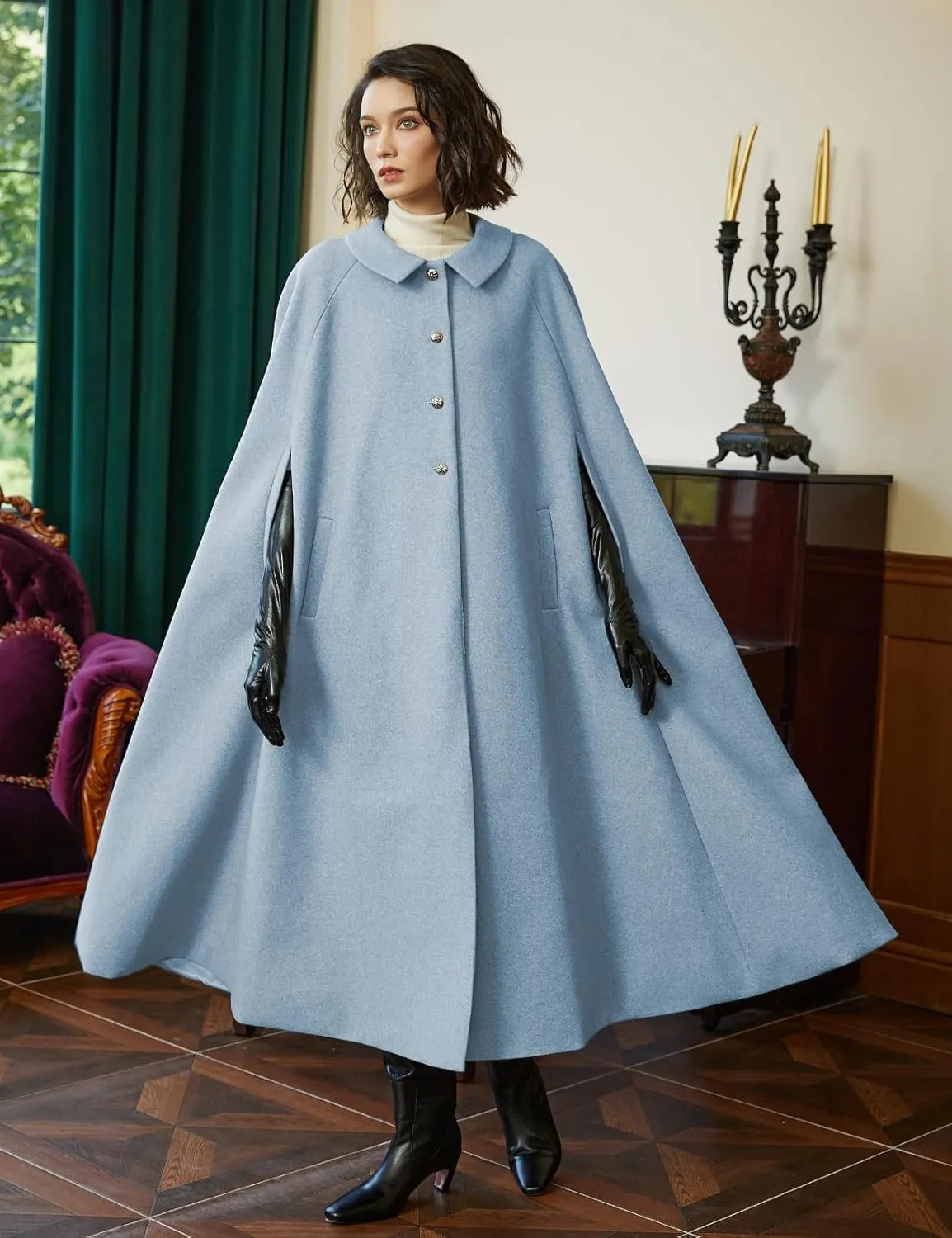 BEAUTELICATE Wool Blend Cloak Slit Sleeve 2 Pockets Turn-Down Collar Fleece Cloak Winter Cape