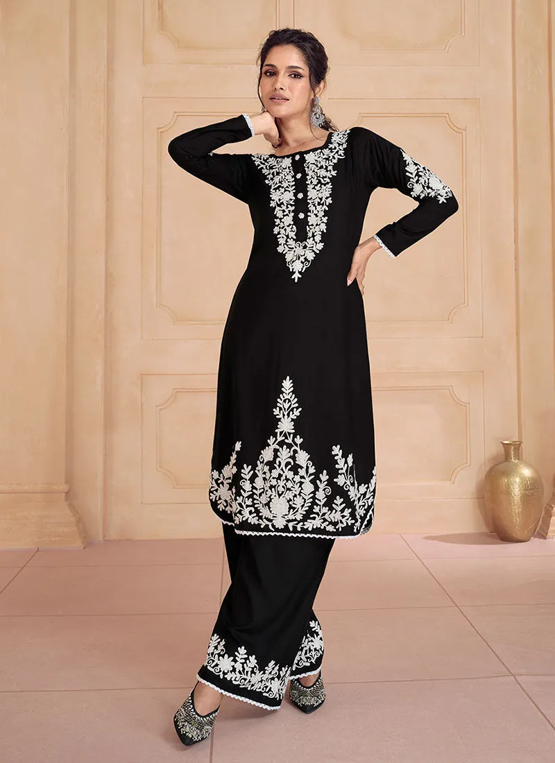 Black Thread Embroidery Festive Pant Style Suit