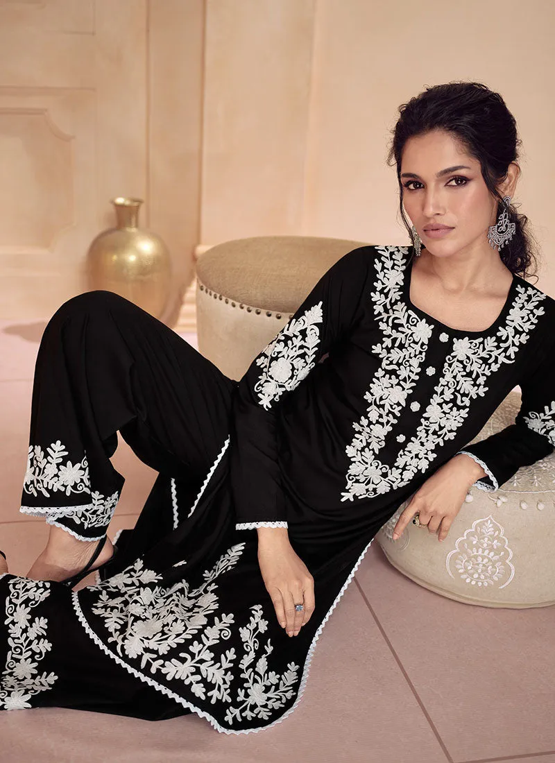 Black Thread Embroidery Festive Pant Style Suit