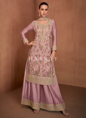 Blush Pink Floral Embroidery Festive Palazzo Suit