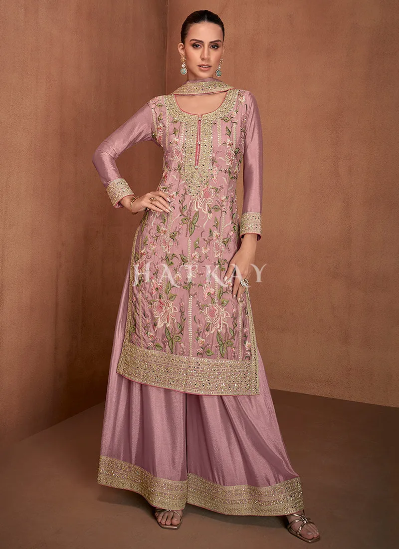 Blush Pink Floral Embroidery Festive Palazzo Suit