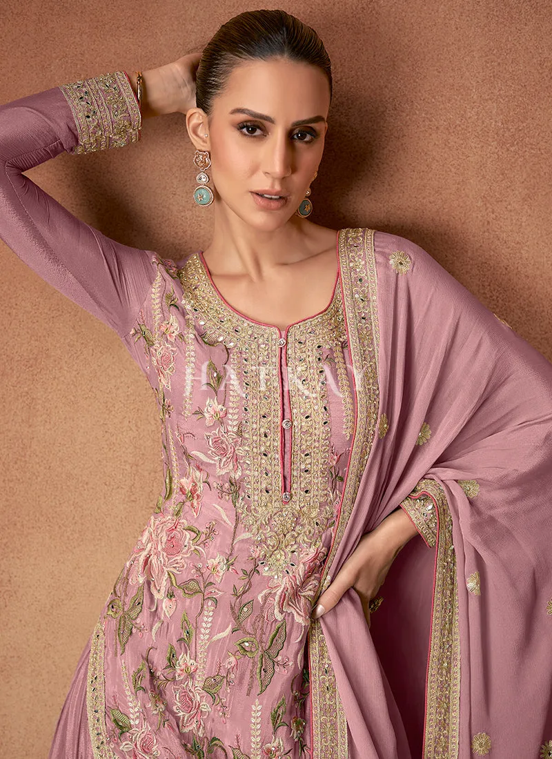 Blush Pink Floral Embroidery Festive Palazzo Suit