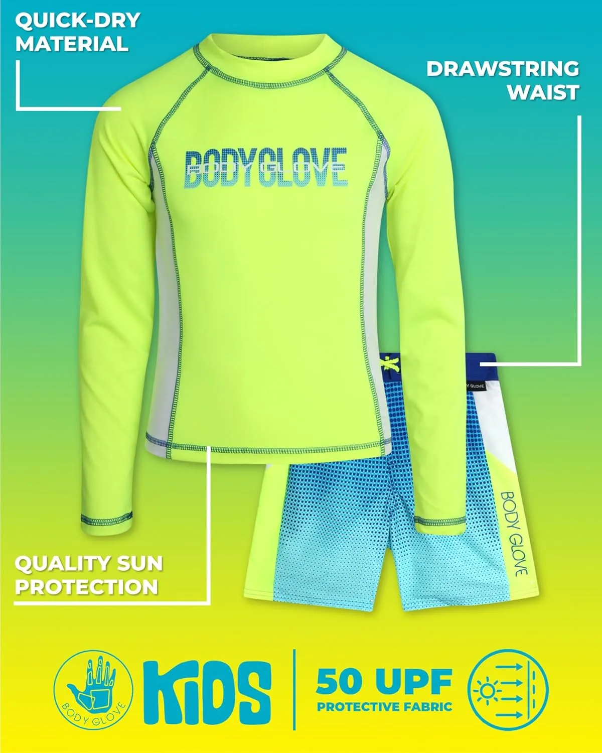 Body Glove Boys' Rash Guard Swim Set - 2 Piece UPF 50  Swim Shirt and Bathing Suit Trunk for Boys (4-12)