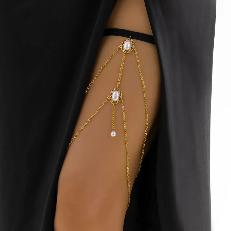 Boho Elastic Band Thigh Chain Jewelry - Multilayer Adjustable Garter Belt with Tassels & Rhinestones for Women
