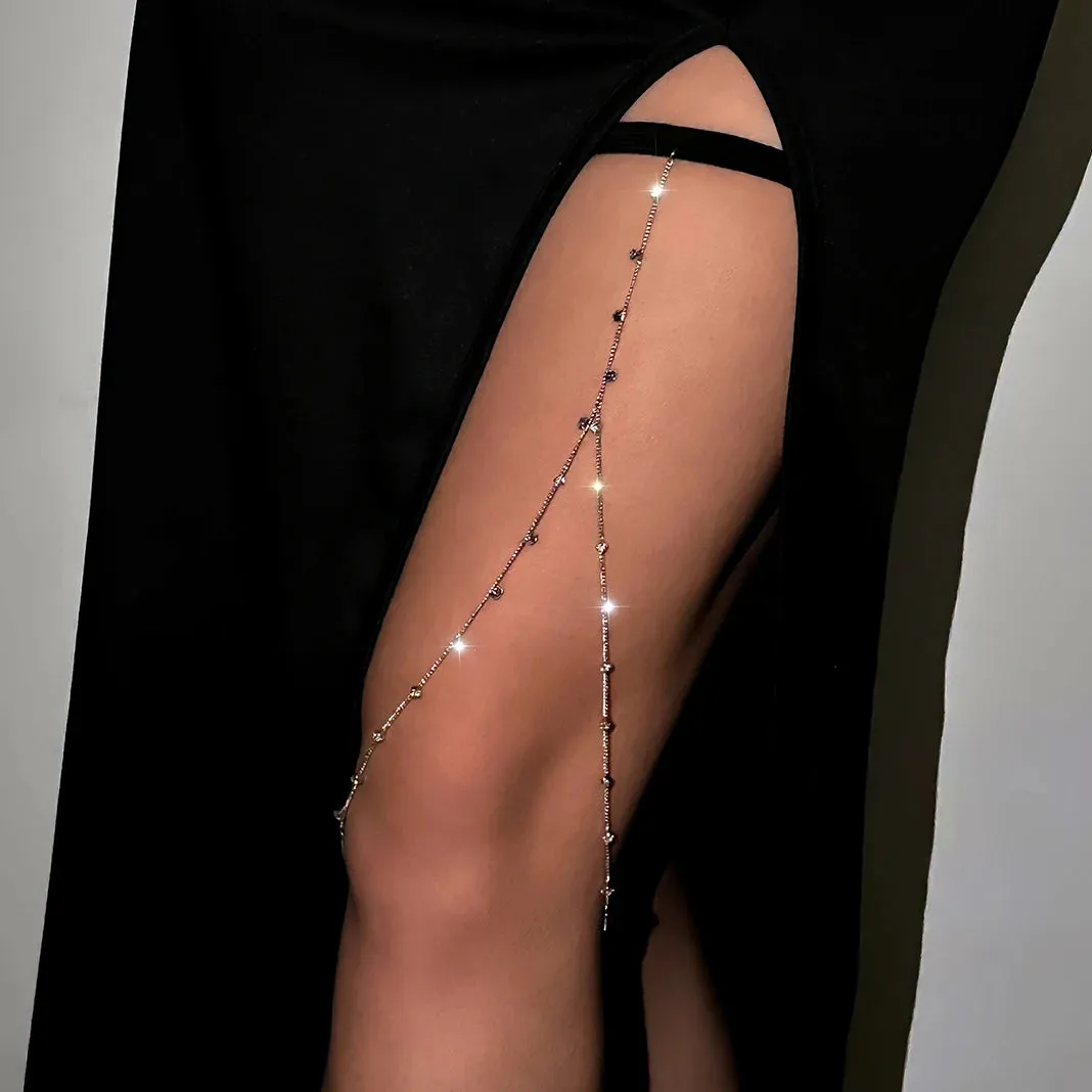 Boho Elastic Band Thigh Chain Jewelry - Multilayer Adjustable Garter Belt with Tassels & Rhinestones for Women