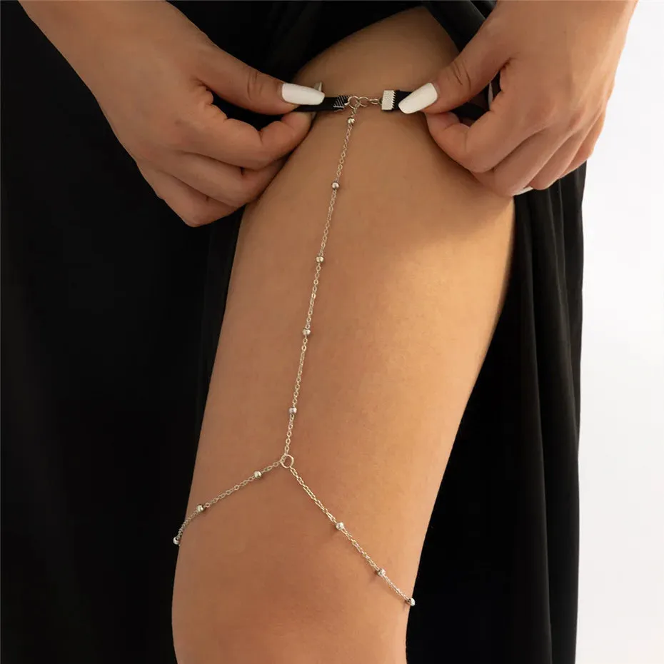 Boho Elastic Band Thigh Chain Jewelry - Multilayer Adjustable Garter Belt with Tassels & Rhinestones for Women