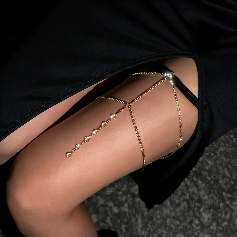 Boho Elastic Band Thigh Chain Jewelry - Multilayer Adjustable Garter Belt with Tassels & Rhinestones for Women