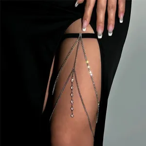 Boho Elastic Band Thigh Chain Jewelry - Multilayer Adjustable Garter Belt with Tassels & Rhinestones for Women