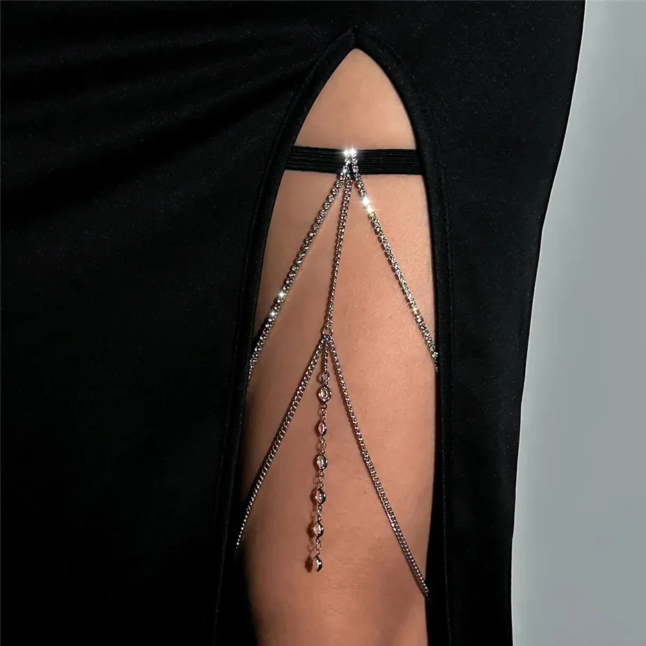 Boho Elastic Band Thigh Chain Jewelry - Multilayer Adjustable Garter Belt with Tassels & Rhinestones for Women