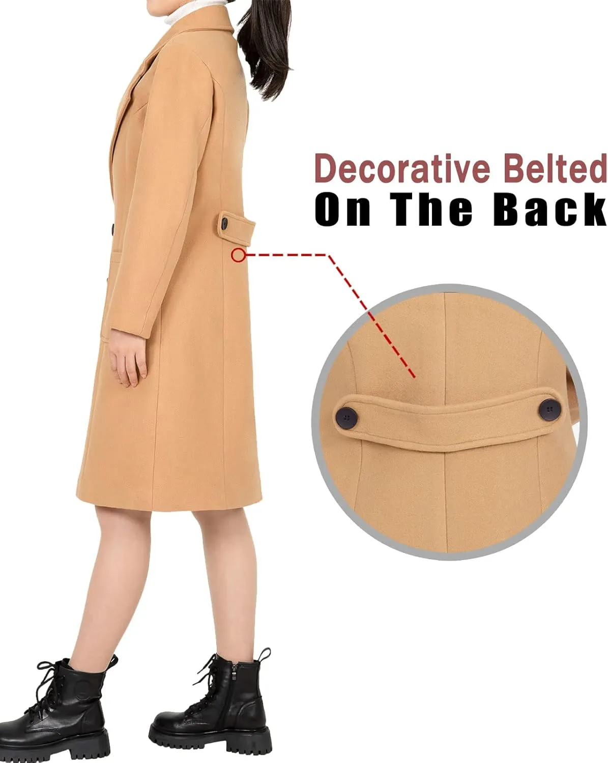 Bonnorth women's Notch Lapel Double Breasted Wool Blend Peacoat Mid-Long Fall Winter Essential Trench Coat
