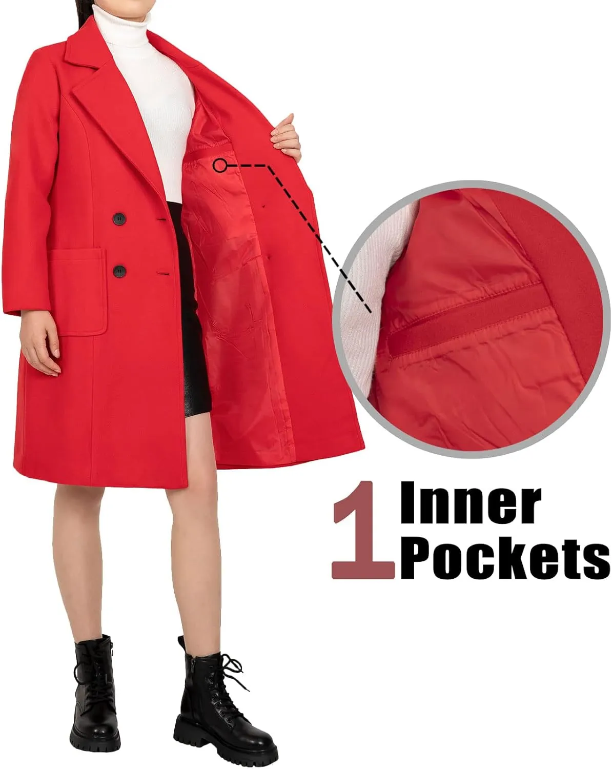 Bonnorth women's Notch Lapel Double Breasted Wool Blend Peacoat Mid-Long Fall Winter Essential Trench Coat