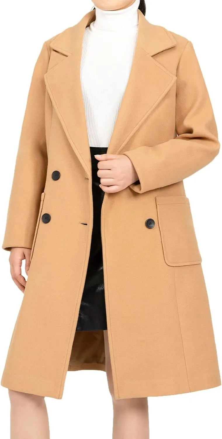 Bonnorth women's Notch Lapel Double Breasted Wool Blend Peacoat Mid-Long Fall Winter Essential Trench Coat