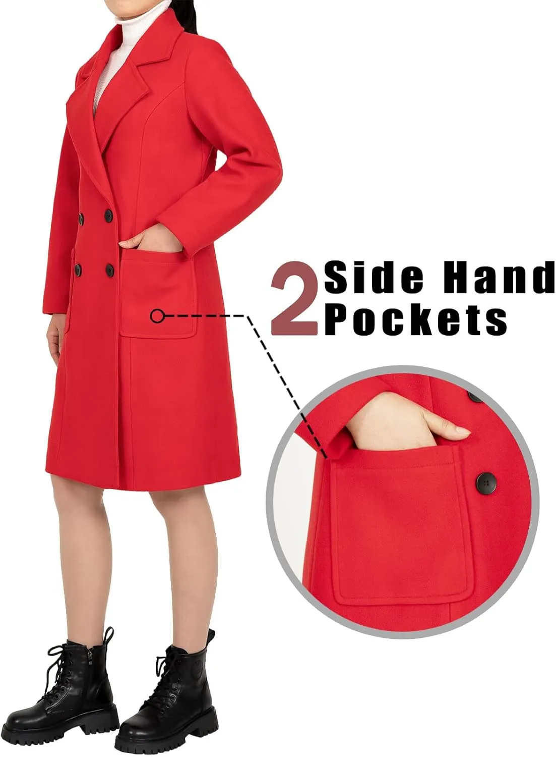 Bonnorth women's Notch Lapel Double Breasted Wool Blend Peacoat Mid-Long Fall Winter Essential Trench Coat