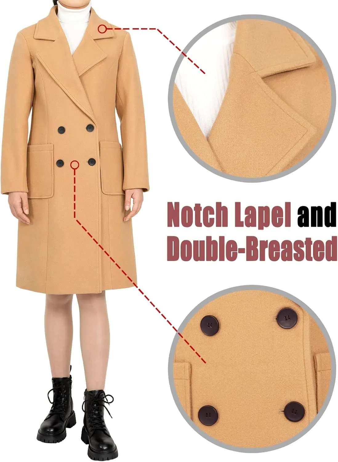 Bonnorth women's Notch Lapel Double Breasted Wool Blend Peacoat Mid-Long Fall Winter Essential Trench Coat