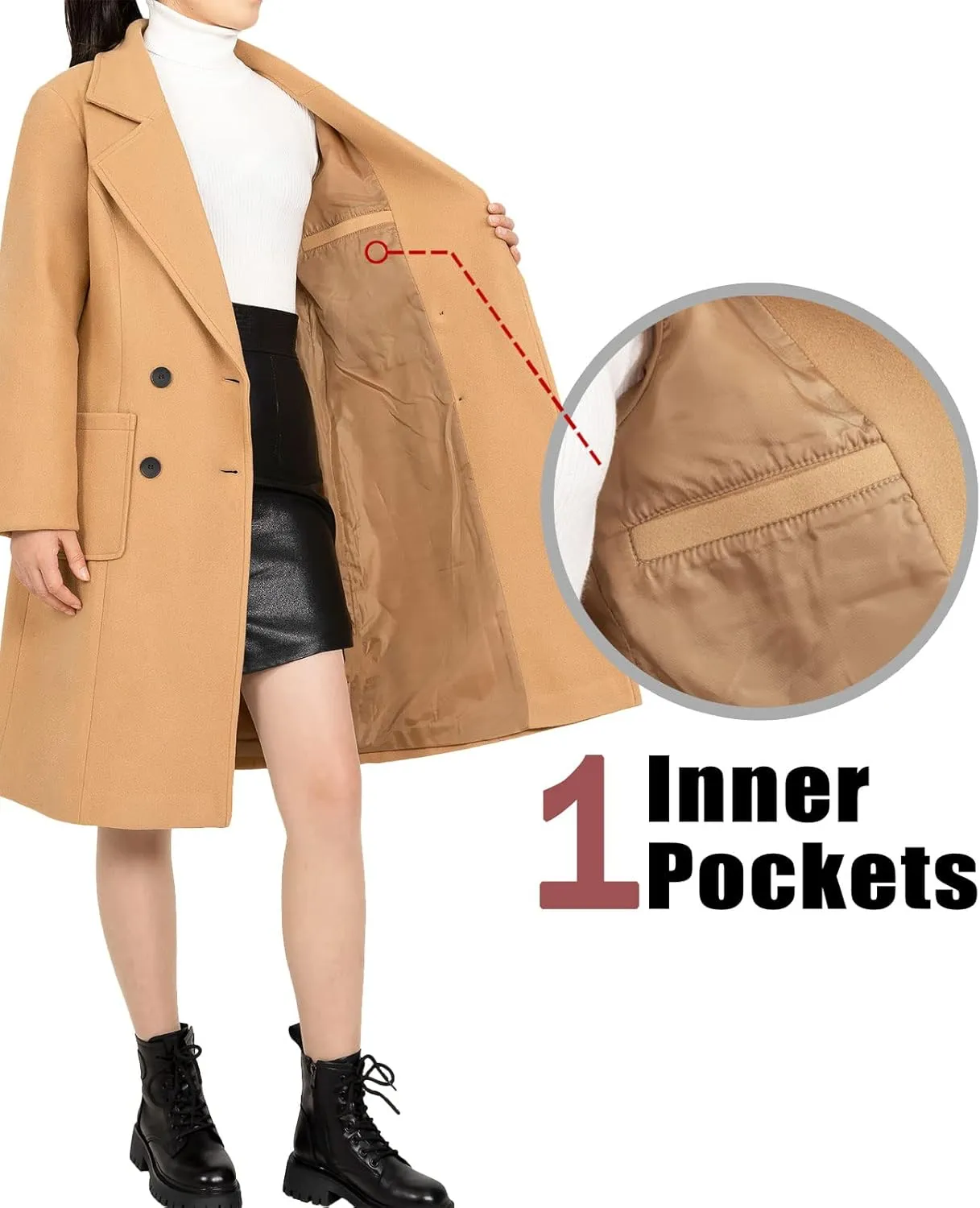 Bonnorth women's Notch Lapel Double Breasted Wool Blend Peacoat Mid-Long Fall Winter Essential Trench Coat